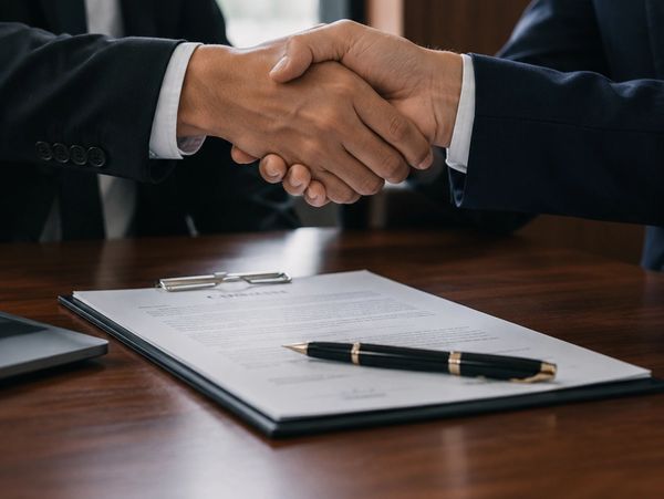 Two people shaking hands over a signed document on a wooden table.