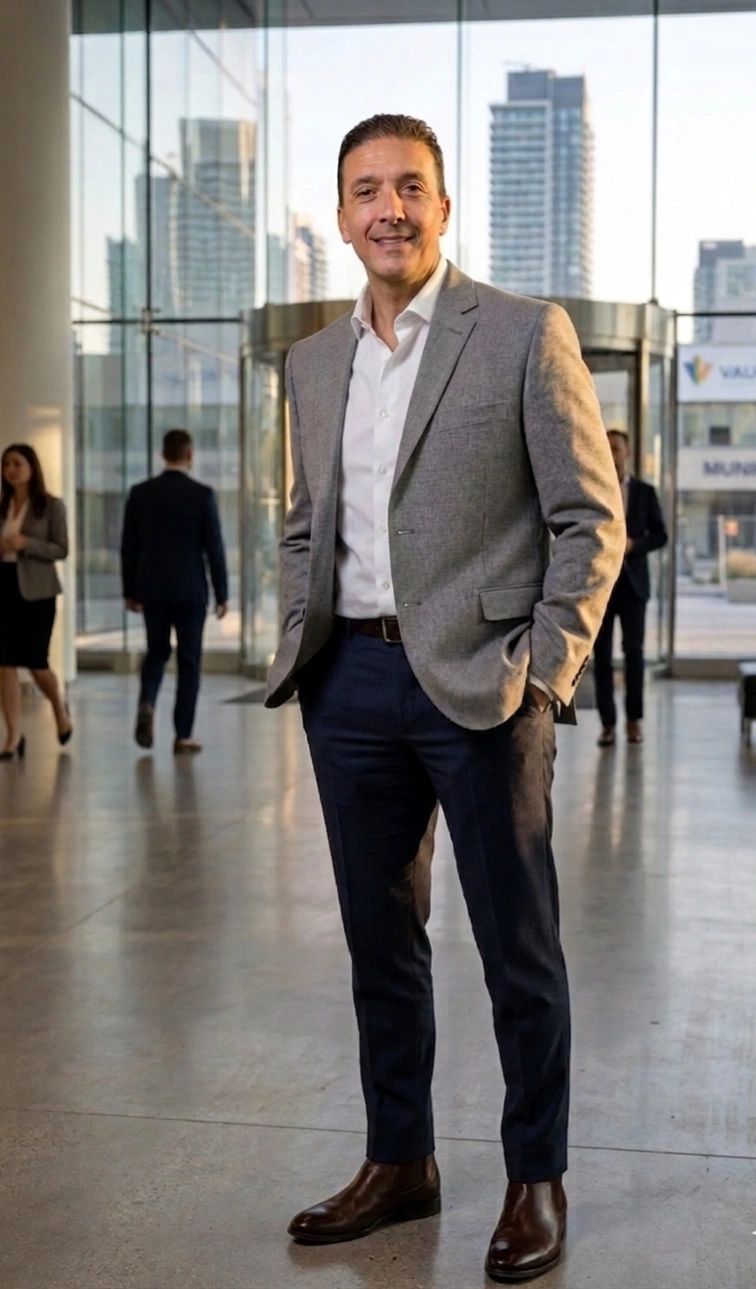 Confident man in business attire standing in a modern office lobby with cityscape views.