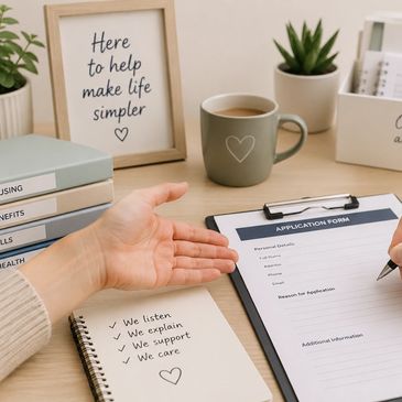 Helping hand with application form and supportive notes on desk.