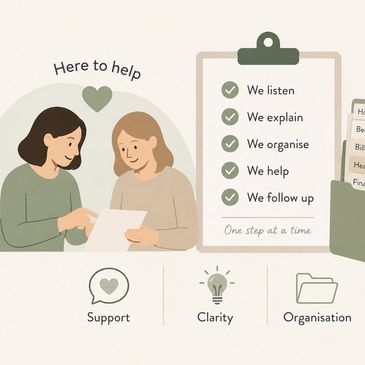 Two women discussing support with a checklist and icons for clarity and organization.