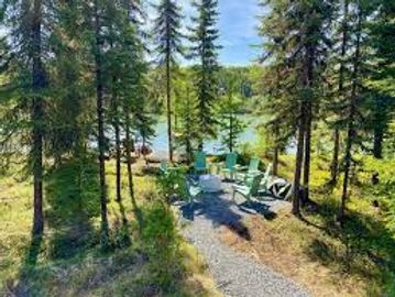 A serene lakeside seating area surrounded by tall pine trees.