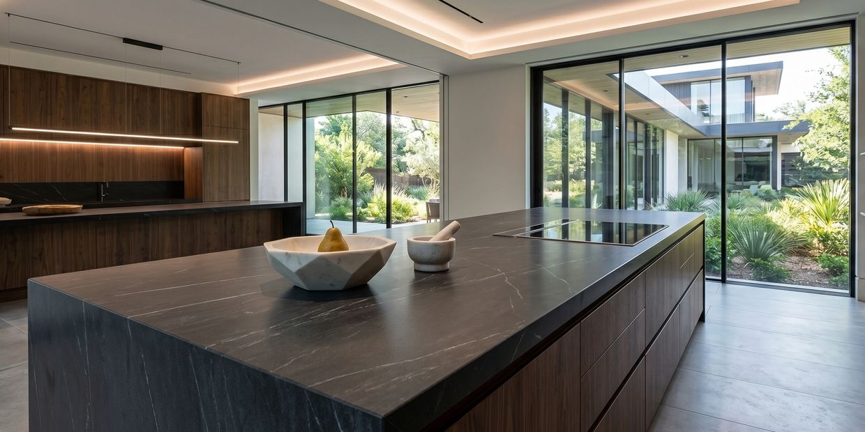 Modern kitchen with a large dark stone island and floor-to-ceiling windows overlooking greenery.