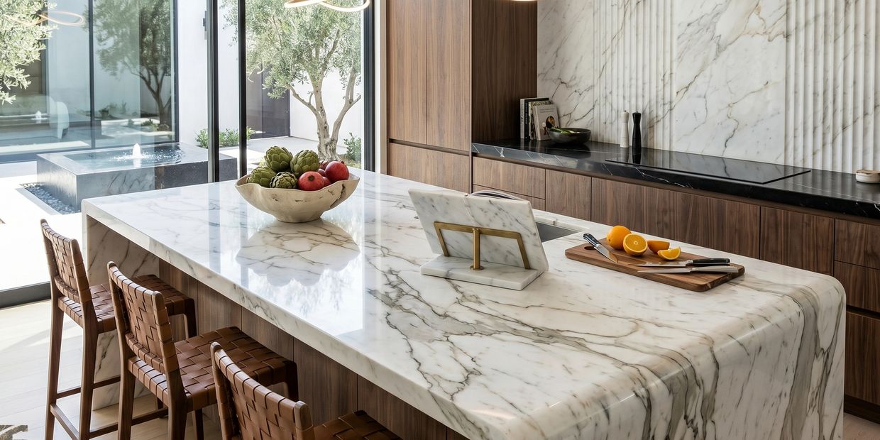 Modern kitchen with marble island and wooden stools.