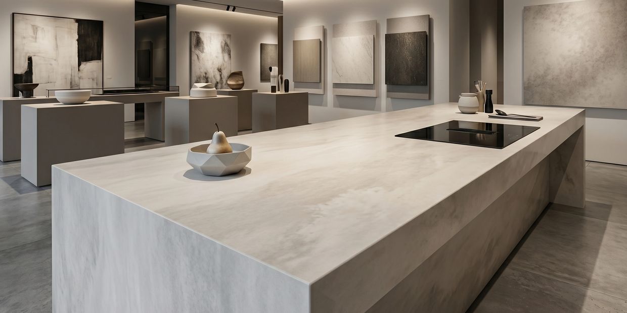 Minimalist kitchen with marble island and abstract art pieces.