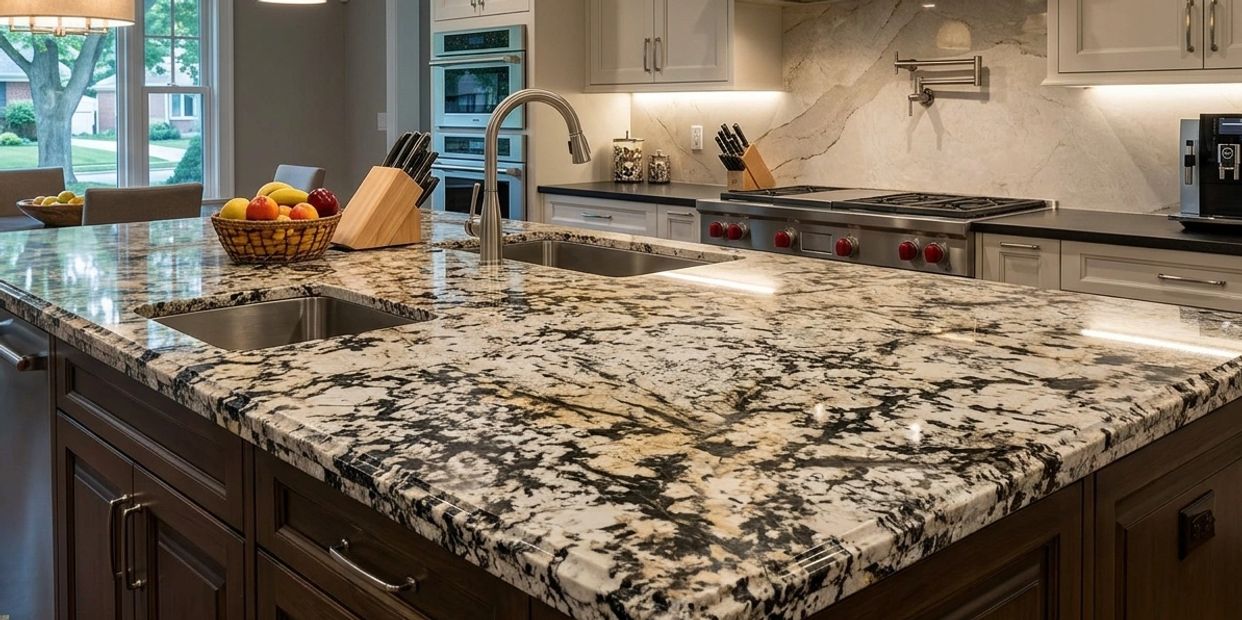 Elegant kitchen with a polished granite island and modern appliances.