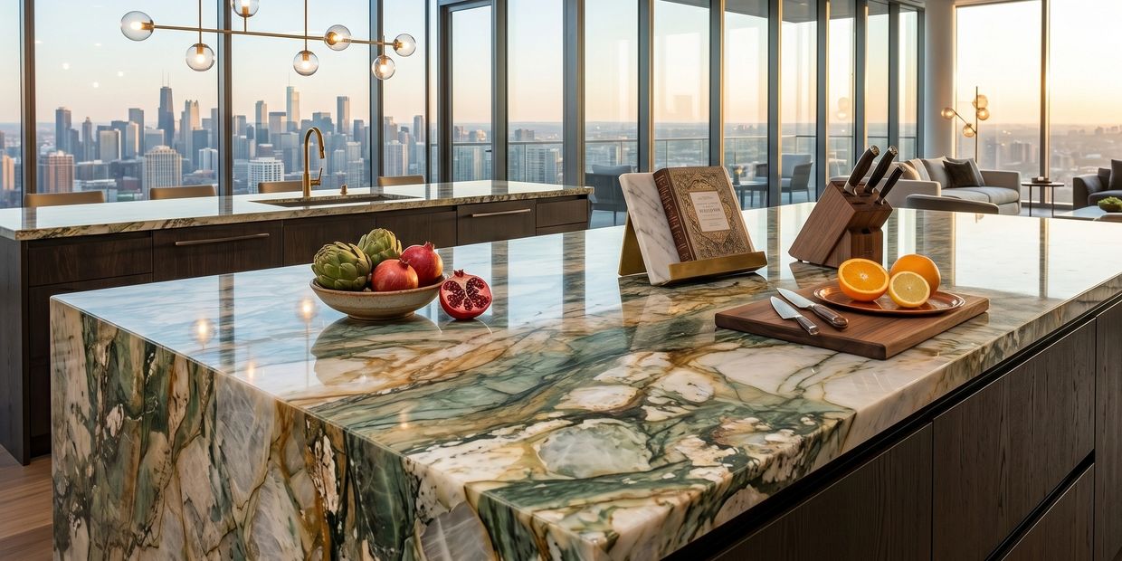 Luxurious kitchen island with marble countertop and city skyline view.