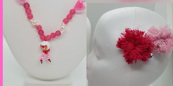 Playful , pink, Little Princess Collection. Handmade pink jewelry  4-piece set for girls.
