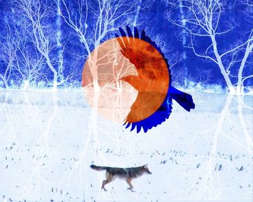 art of wolf in snowy landscape with moon and bird above