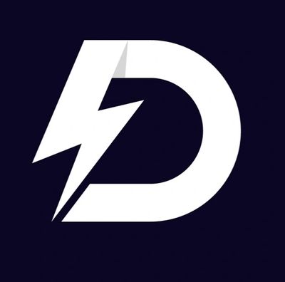 White stylized letter 'D' with a lightning bolt on dark background.