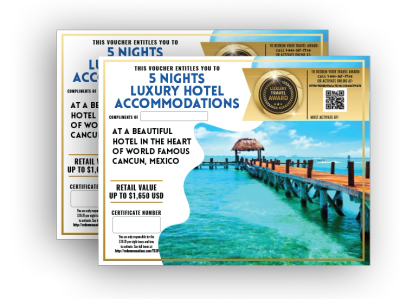 5 nights luxury hotel accommodations in Cancun, Mexico.
