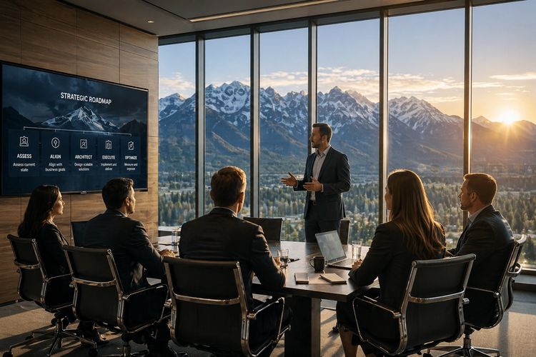 Executive technology strategy meeting with mountain views and business roadmap presentation.