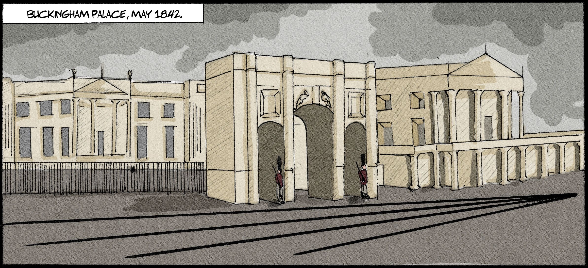 Buckingham Palace in May 1842 with guards at the gate.
