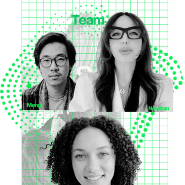 Collage of three diverse individuals with artistic green grid overlay.