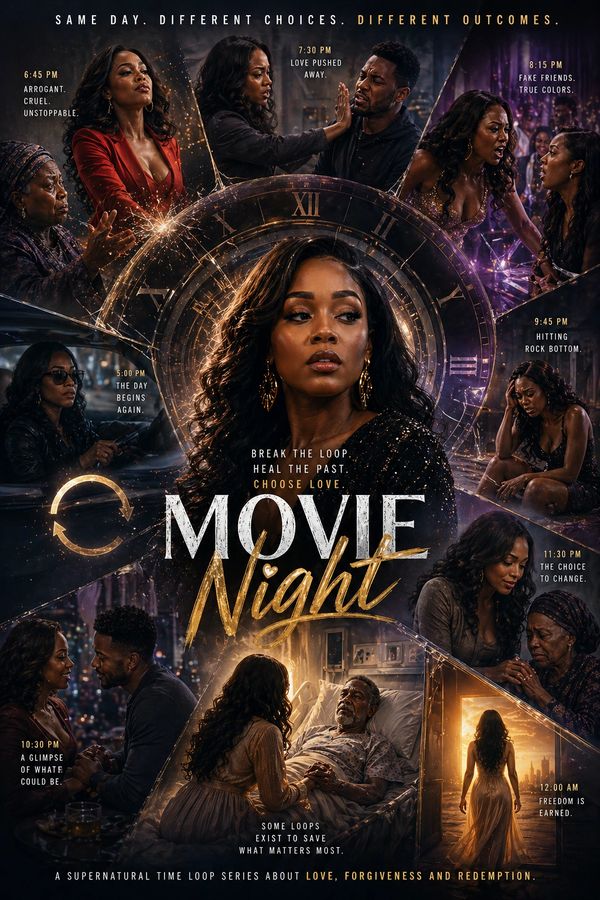 Movie night poster with a woman at the center and scenes showing different choices.
