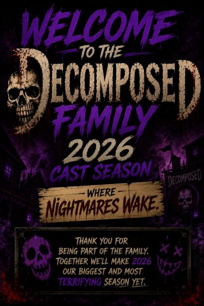 Welcome poster for Decomposed Family 2026 cast season with a spooky theme.