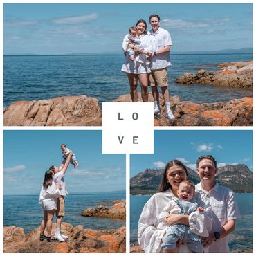 3 photos of the family near tho the water