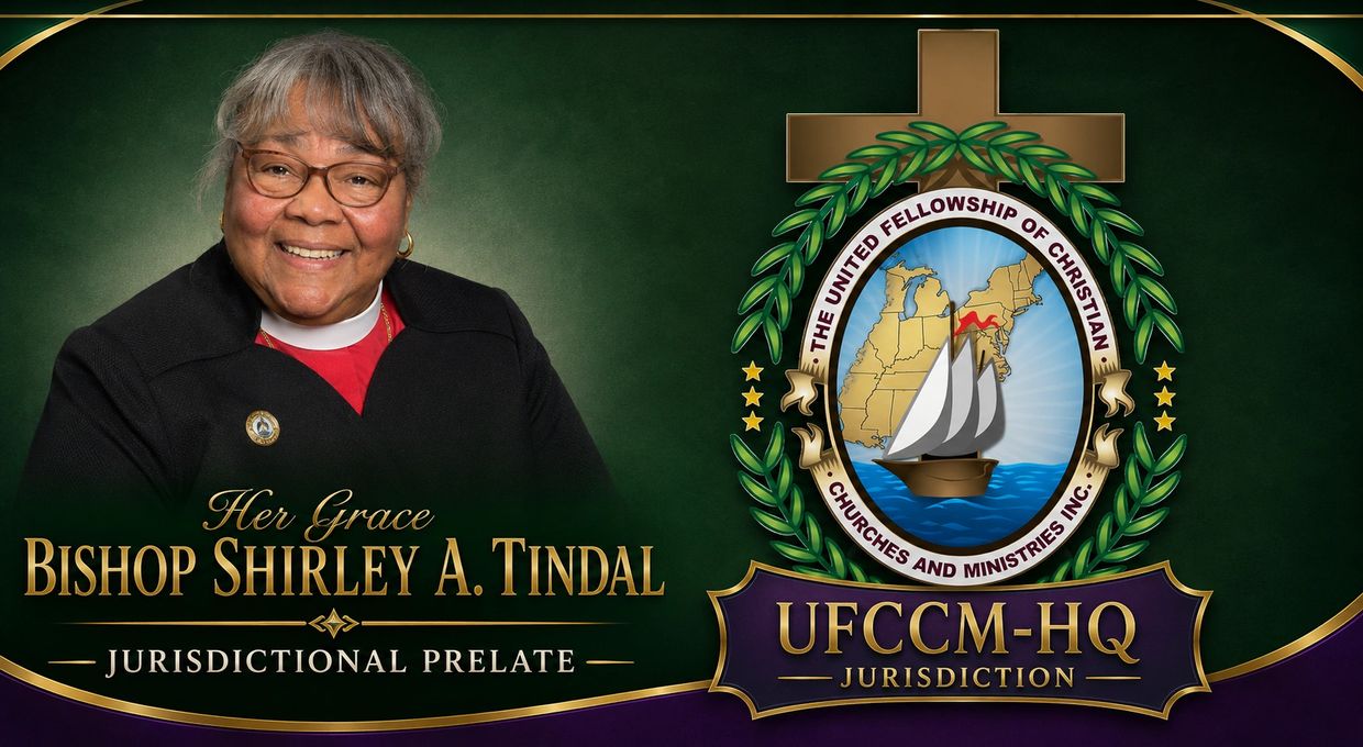 Portrait of Bishop Shirley A. Tindal with church emblem.