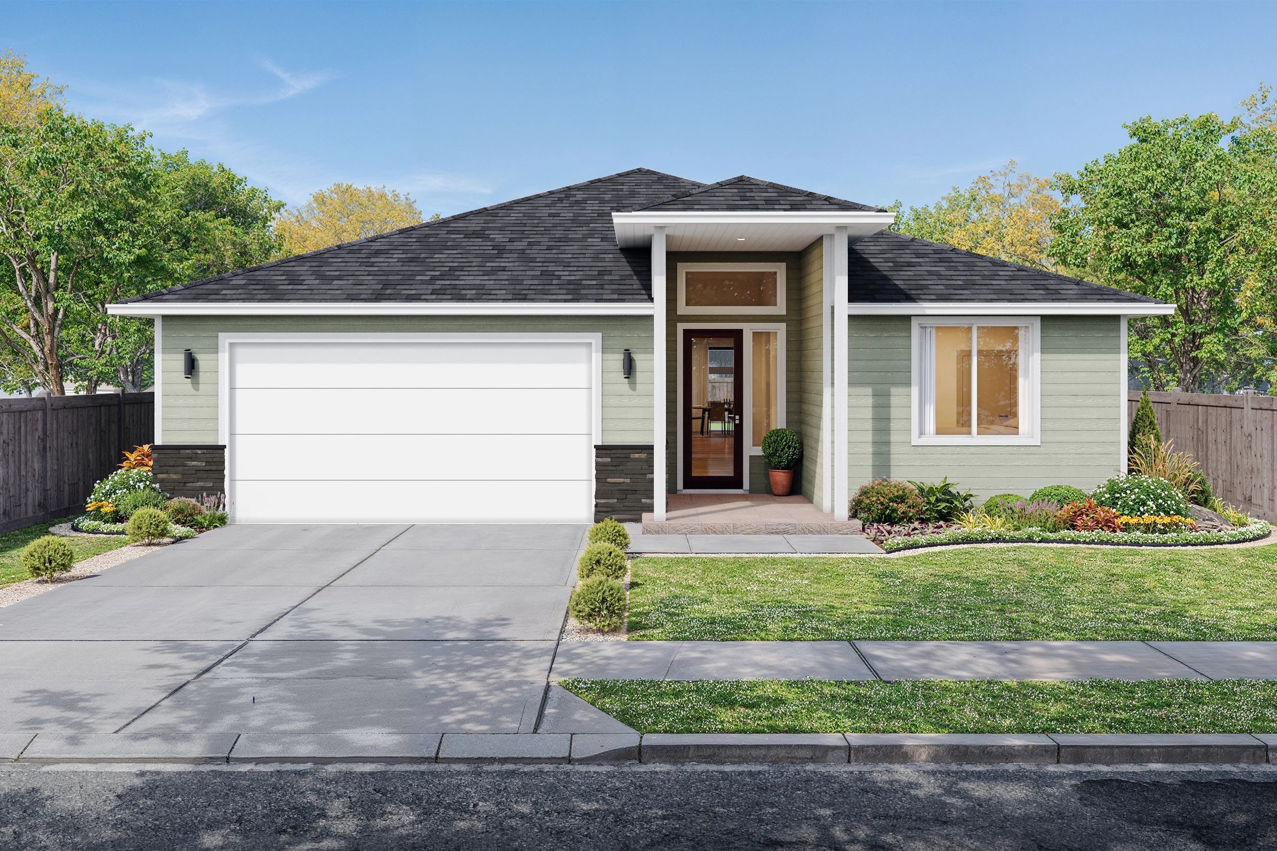 Modern single-story house with a clean driveway and well-maintained garden.