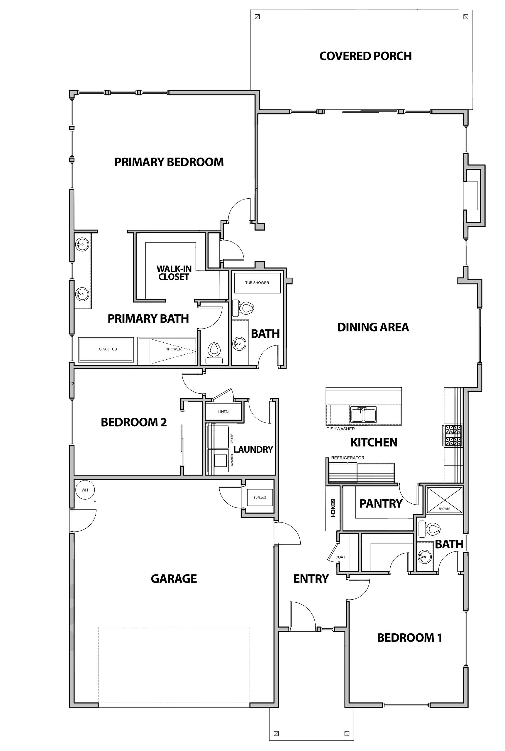 Floor plan of a house with 3 bedrooms, 3 baths, kitchen, dining area, laundry, garage, and covered porch.