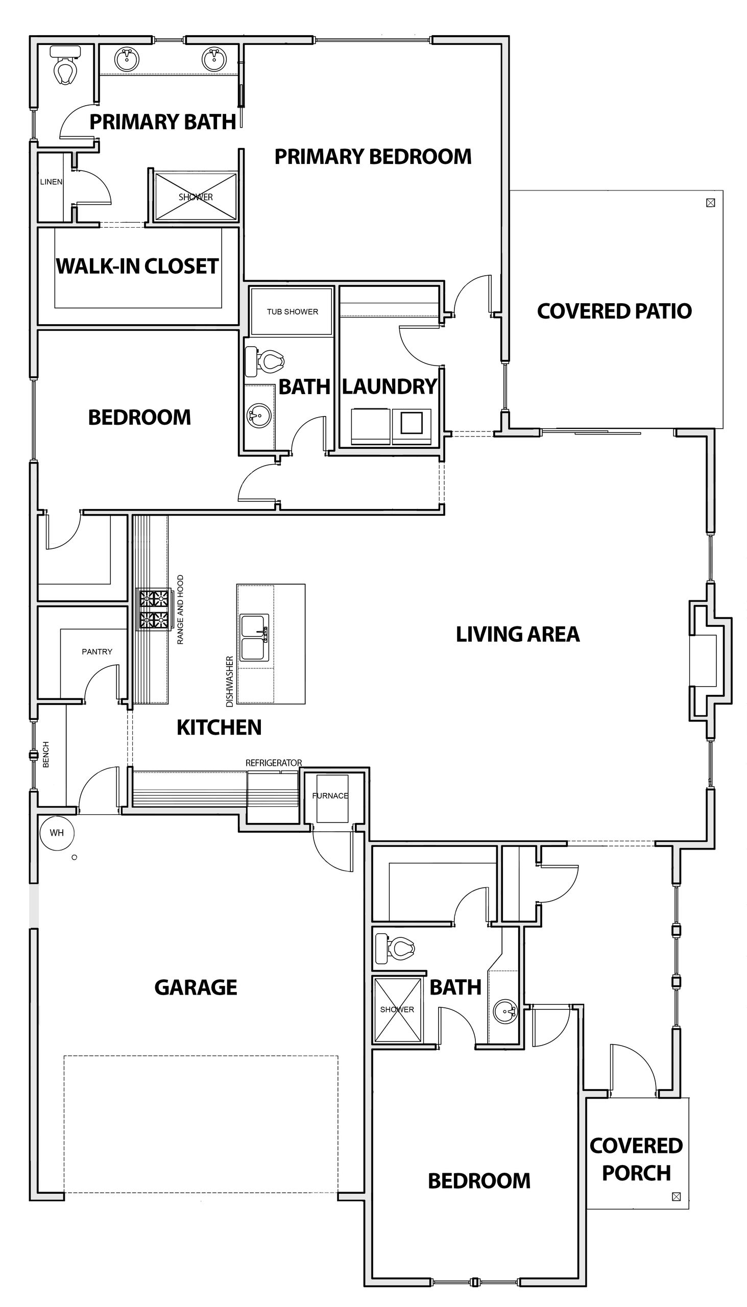 Detailed floor plan of a single-story house with three bedrooms and a garage.