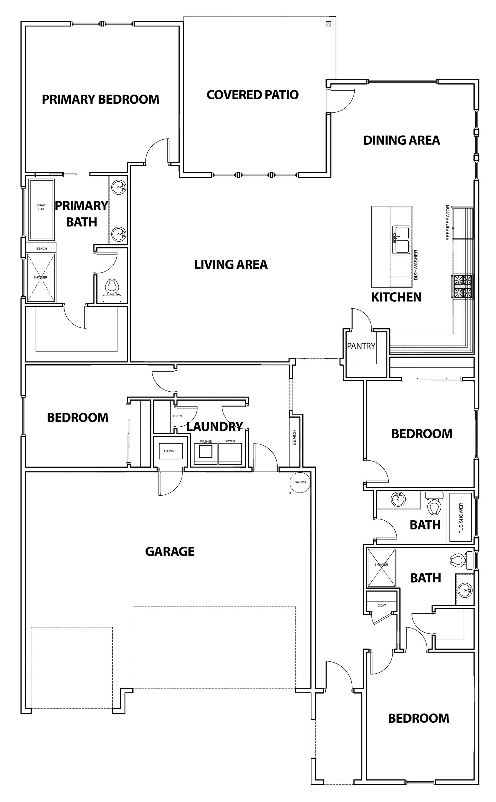 Floor plan showing a house with four bedrooms, three bathrooms, kitchen, dining, living area, laundry, garage, and covered patio.
