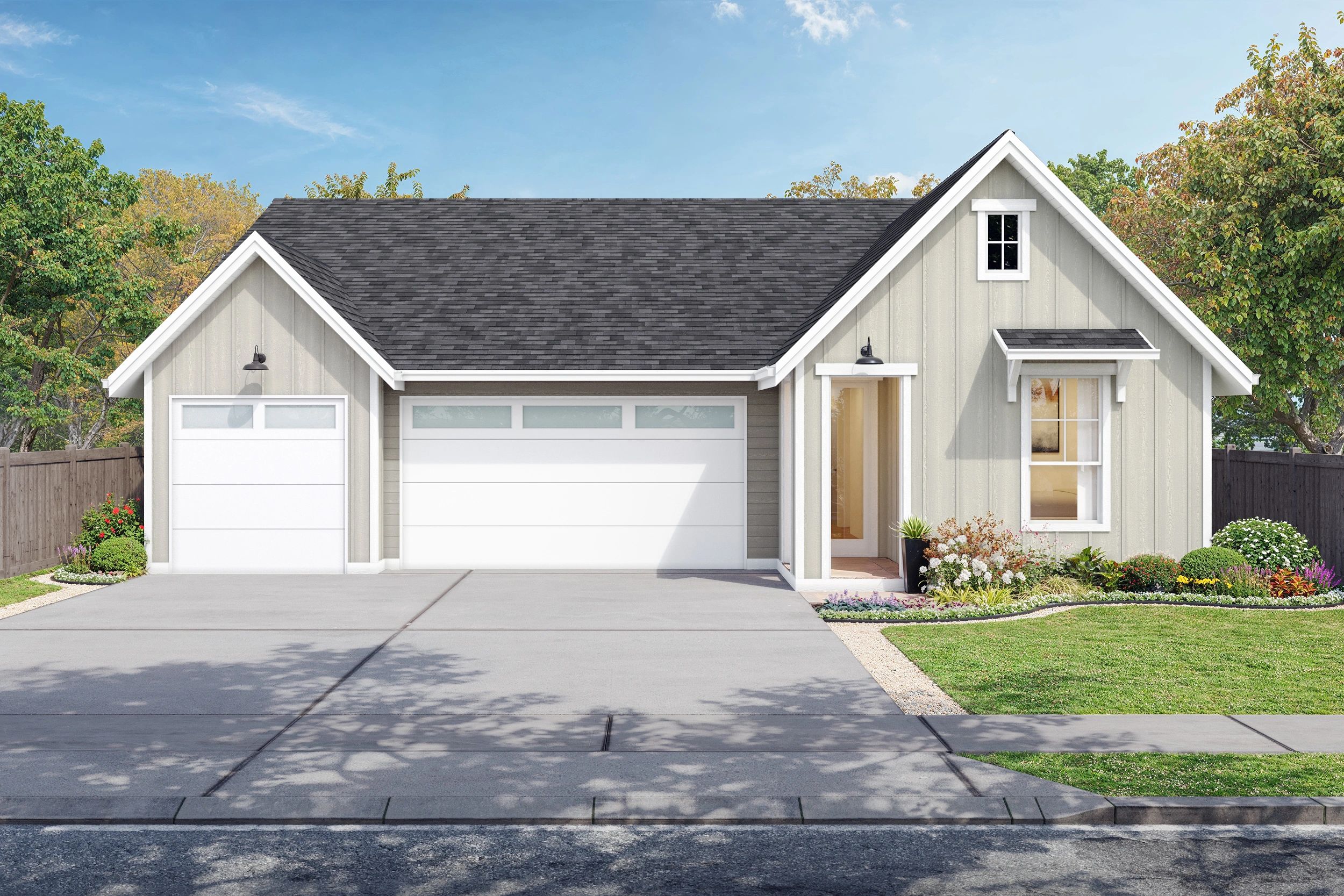 Modern single-story house with two garages and a well-kept garden.