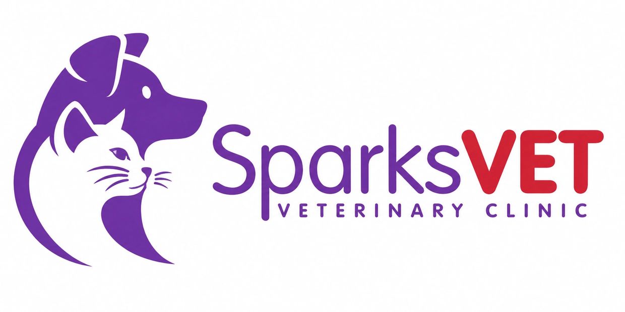 Logo of SparksVet Veterinary Clinic featuring a dog and cat in purple and red text.