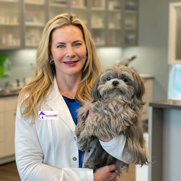Smiling female veterinarian holding a fluffy dog in a clinic.