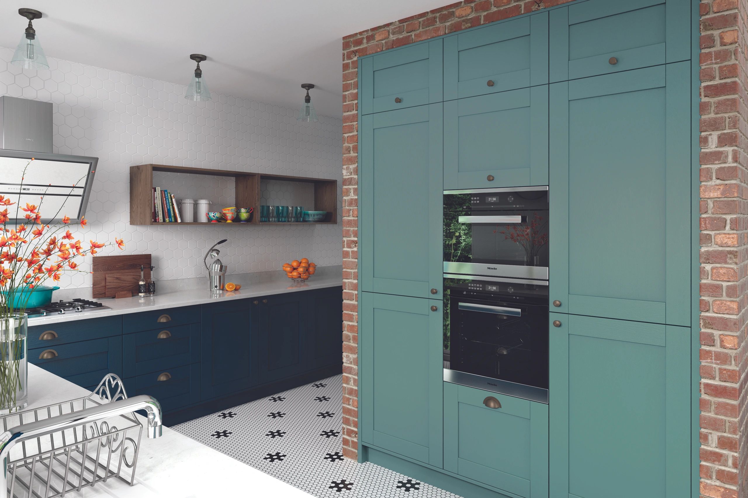 Blue traditional kitchen with painted grain finish with white Quartz worktops