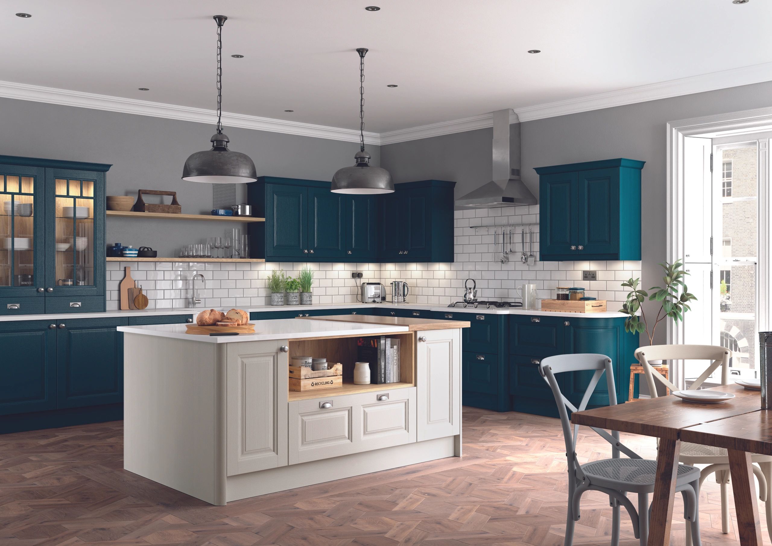 Blue traditional Shaker style kitchen with a white island and white Quartz worktops.