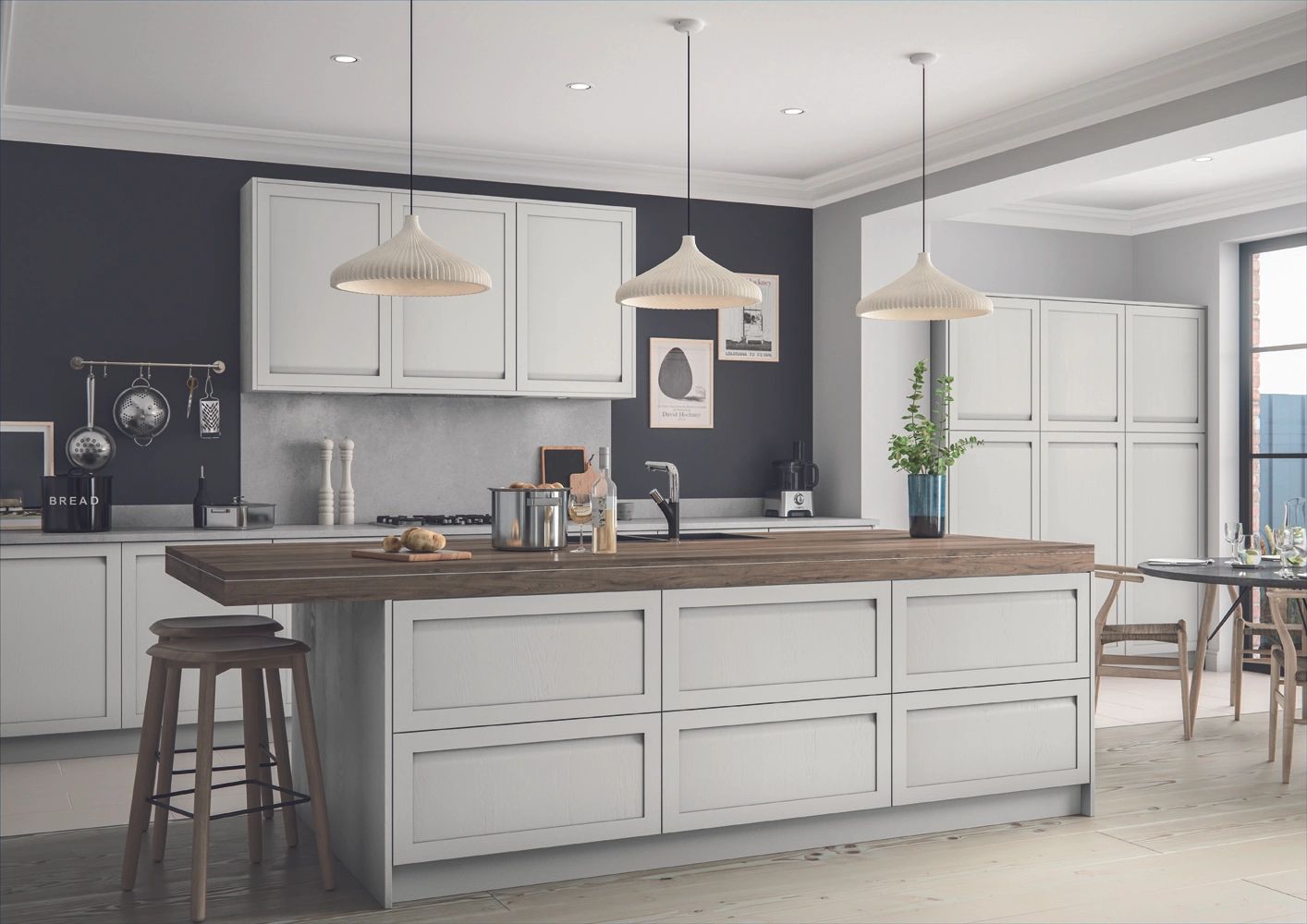 Stone Handless Shaker Kitchen with Thick Tobacco Oak Laminate Worktops. Large Island undermount sink