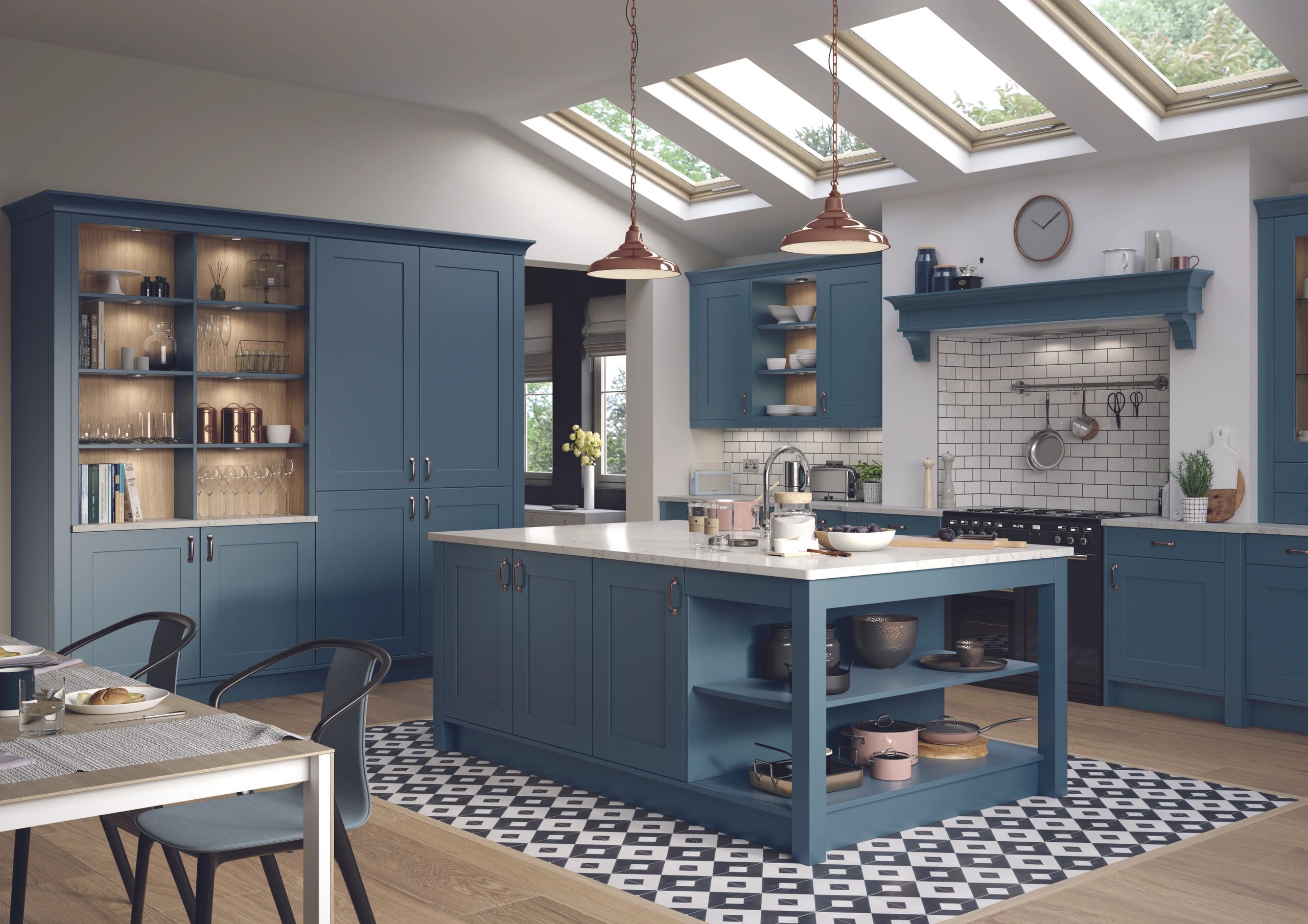 Blue Shaker Style Kitchen with White Quartz Worktops and Range Cooker. Open Dresser unit, Mantle.