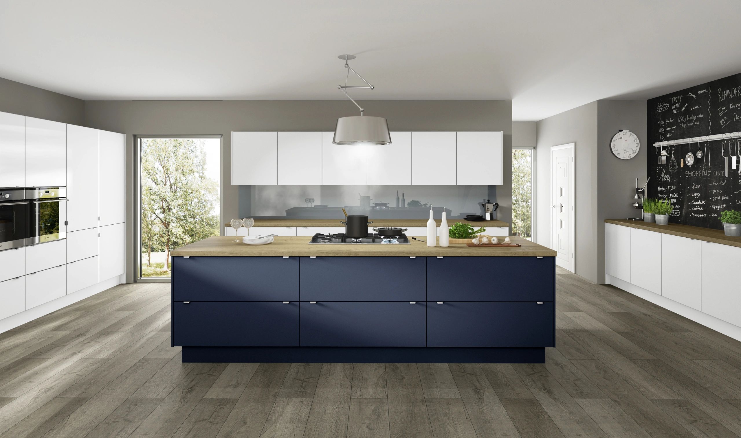 Large Open Plan Kitchen In White With Smoke Blue Slab Door Island. Fitted With Shadow Handle