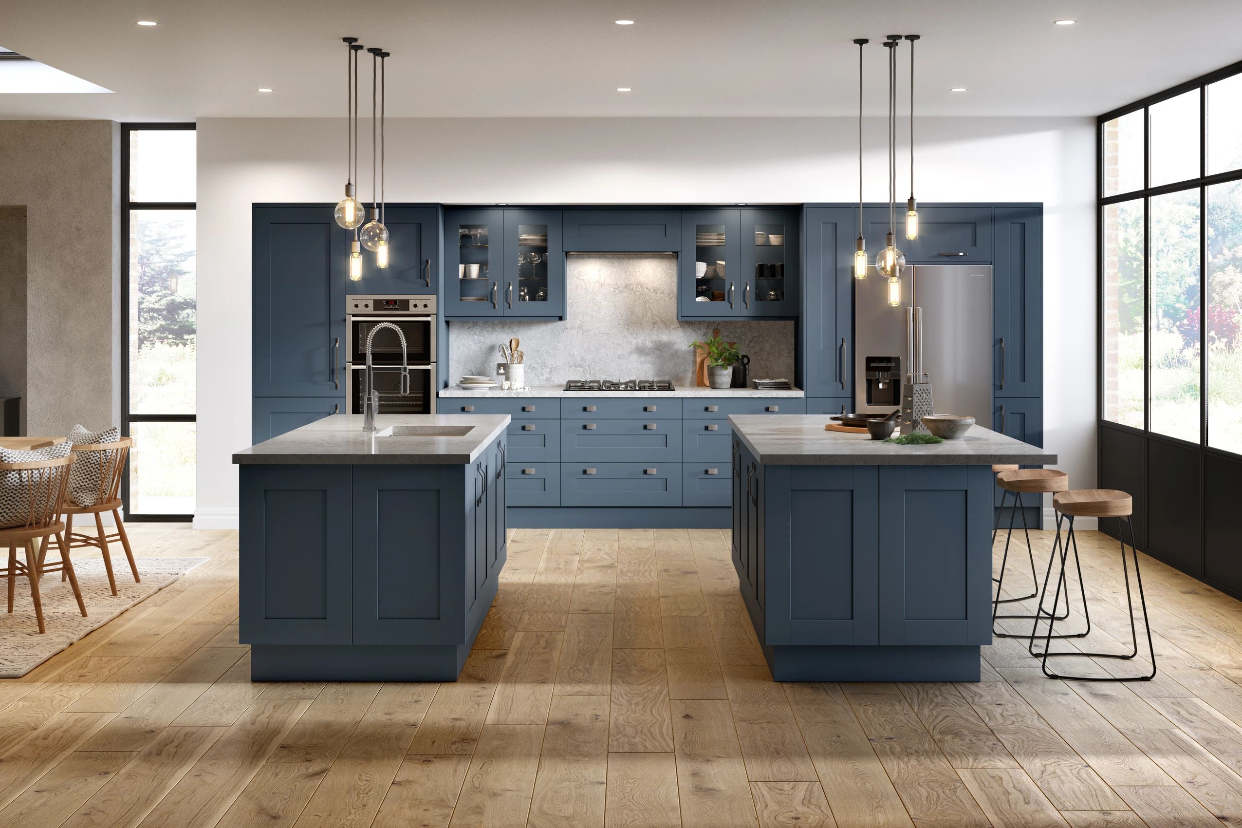 Wynwood Blue Shaker Kitchen, Perfectly Designed. Glazed Wall units Large Island, Quartz Worktops