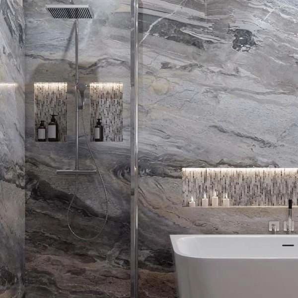 Multipanel Cappuccino Stone The Classic Collection Shower Wall Panel. Freestanding Bath