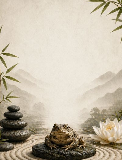 A serene frog sits on a stone amidst zen elements and misty mountains.