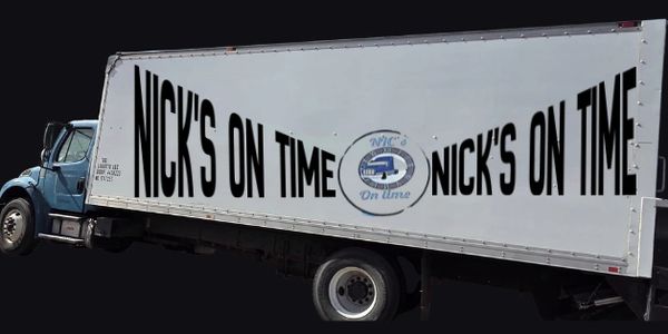 A delivery truck with 'Nick's On Time' logo and text on its side.