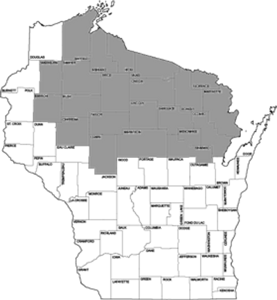 Map showing counties of a region with labeled names.