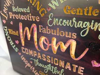 Colorful words describing a mom's qualities on a dark background.