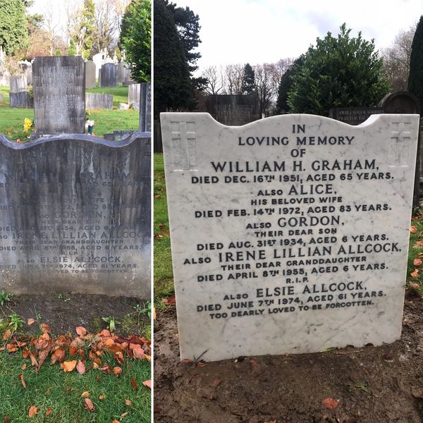 marble headstone with lead lettering