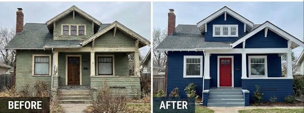 Side-by-side before and after images of a house renovation with fresh paint and repairs.
Long Beach painters