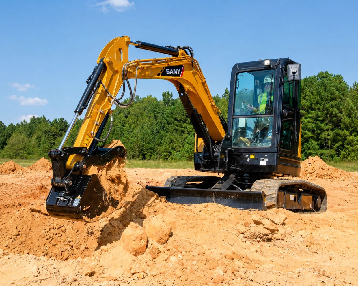 A yellow excavator digging soil at a construction site on a sunny day.