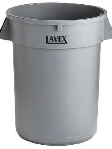 Gray Lavex plastic trash can with handles and open top.