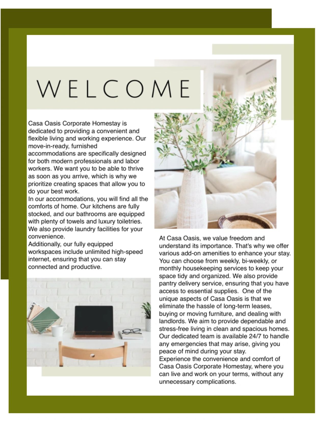 Welcome message for Casa Oasis Corporate Homestay with comfortable and productive living spaces.