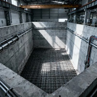 Empty industrial concrete pit with metal reinforcements and pipes in a factory.