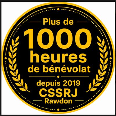 Badge celebrating over 1000 volunteer hours since 2019 by CSSRJ Rawdon.
