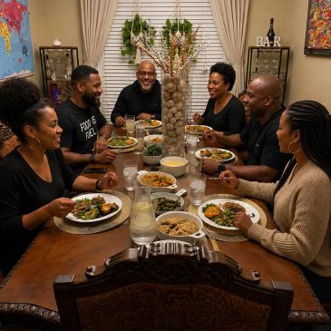 Family enjoying a meal together at a dining table.