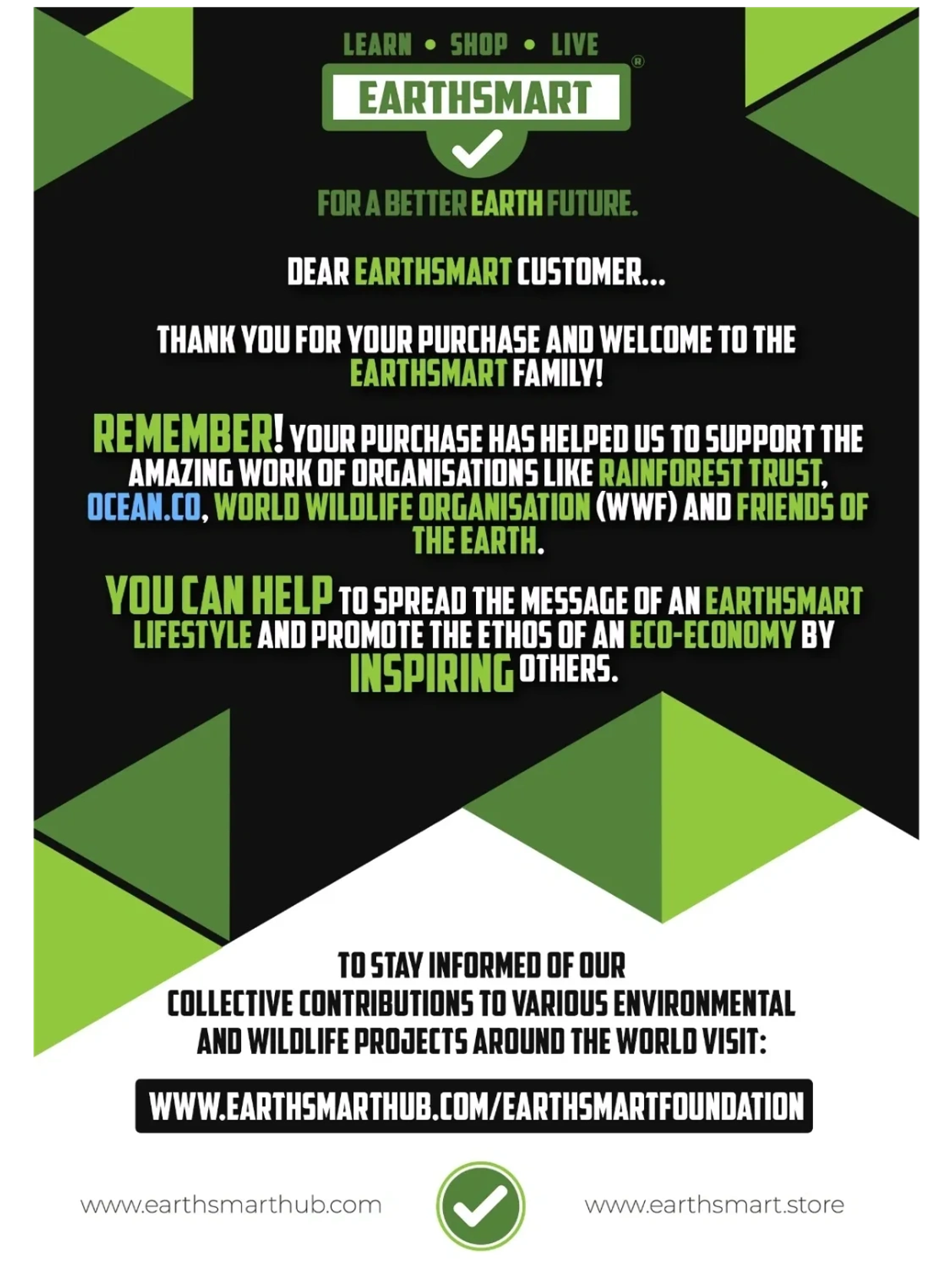 EarthSmart thanks customers for supporting environmental causes and invites them to learn more online.