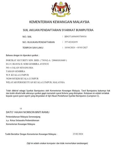 Official Bumiputera registration certificate for Portray Security Sdn. Bhd. from Malaysian Ministry of Finance.