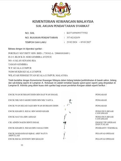 Malaysian Ministry of Finance company registration certificate for Portray Security Sdn. Bhd.